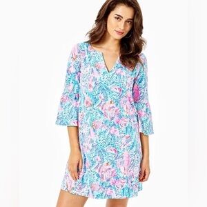 Lilly Pulitzer Tosha Shift Dress Size Medium Tropical Treasure Trove Ruffle Cuff